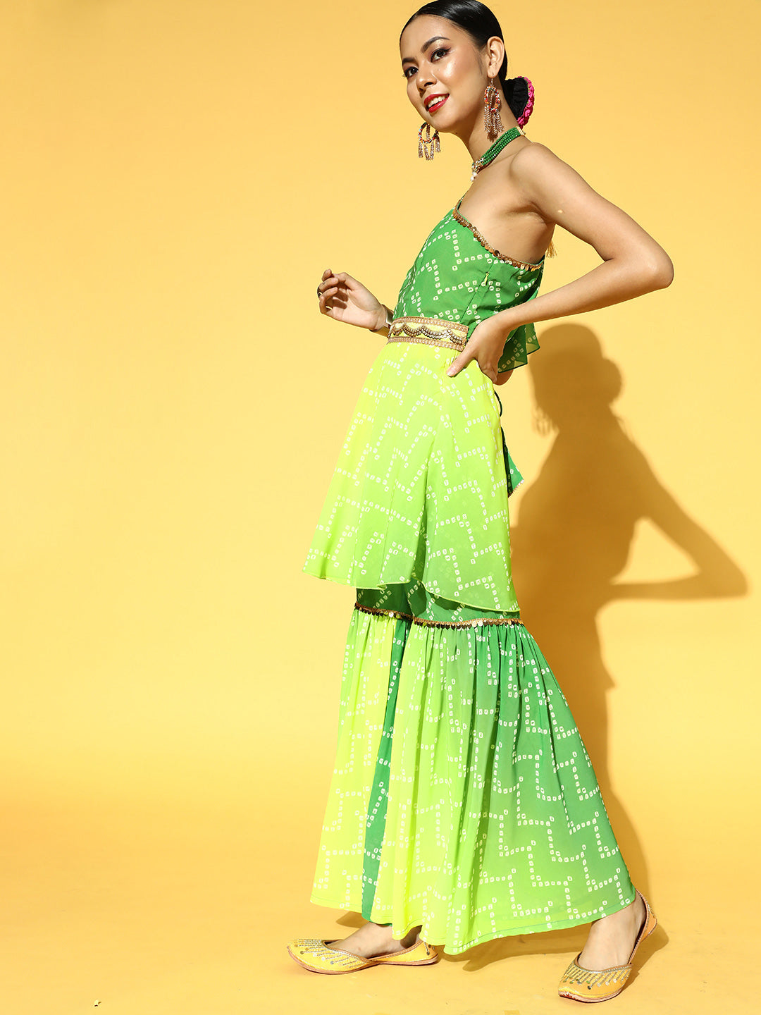Women Green & Yellow Bandhani Printed One Shoulder Kurta & Sharara with Belt