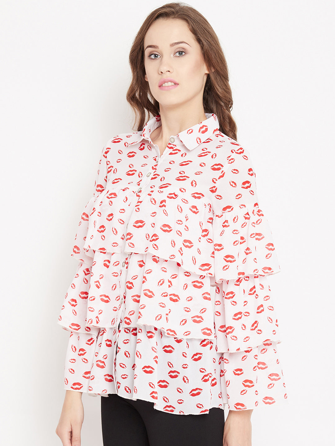 White Printed Ruffle layer Shirt