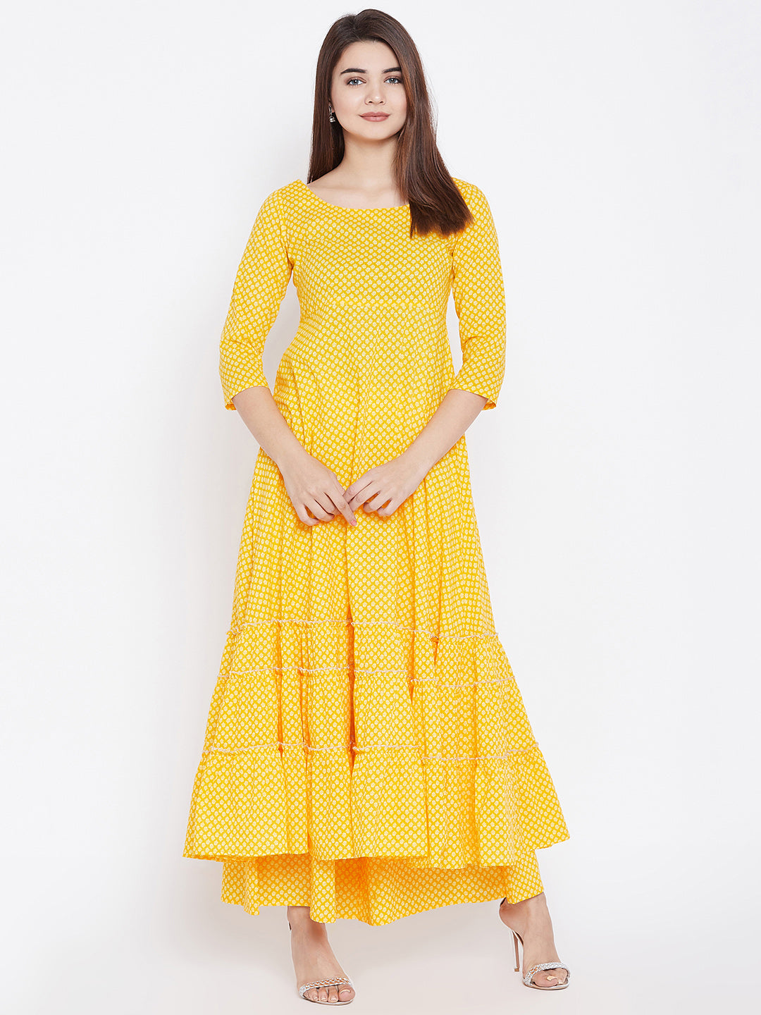 PANIT Women Yellow Printed Tiered A-Line Kurta
