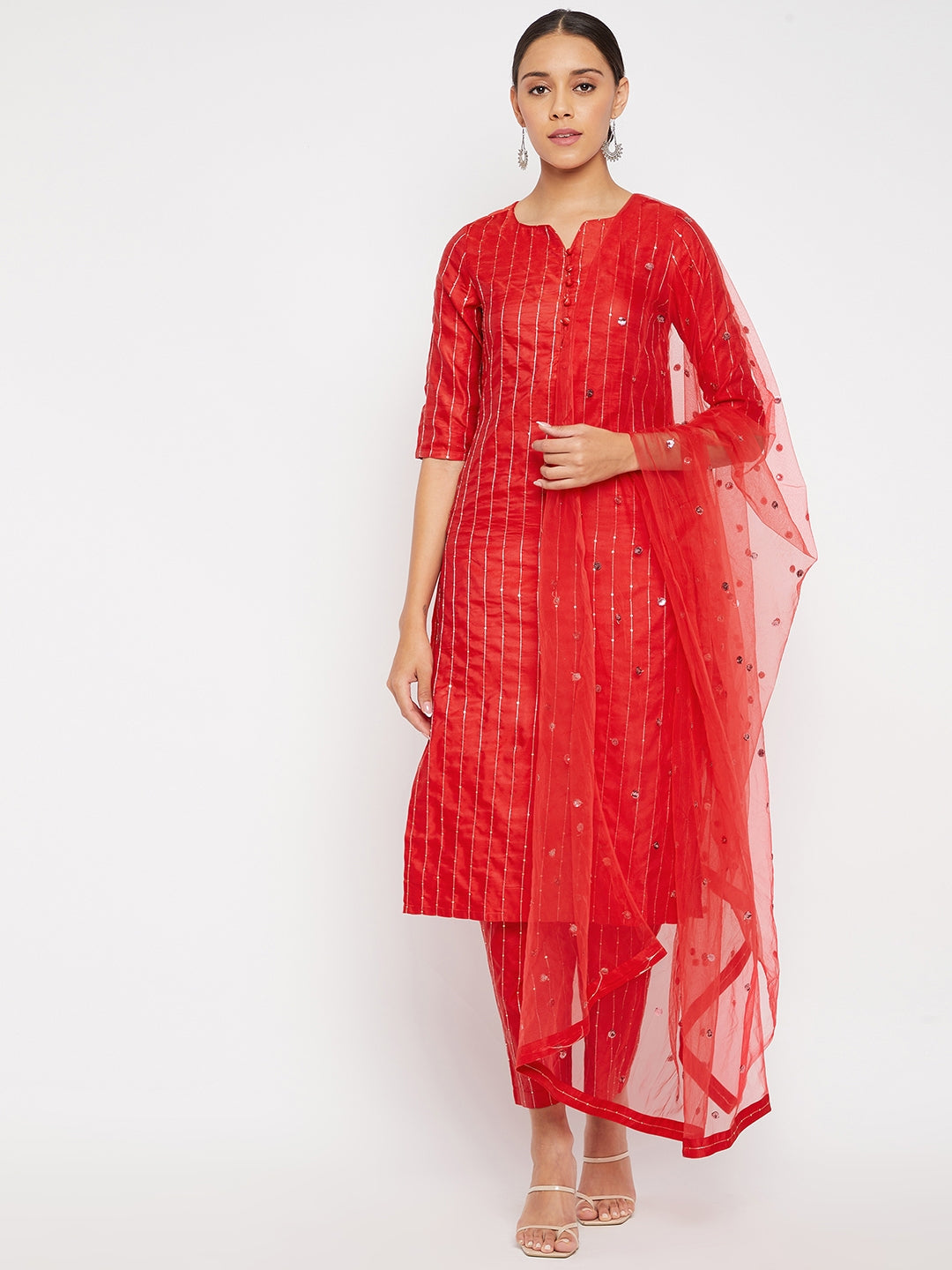 Women Red Sequin Straight Kurta Set with Dupatta