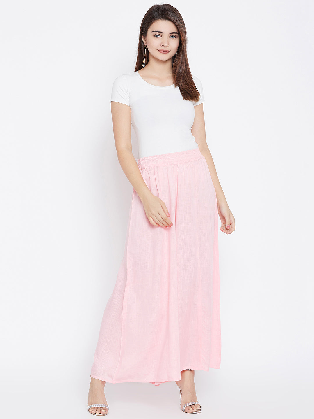 Women Pink Relaxed Flared Solid Parallel Trousers