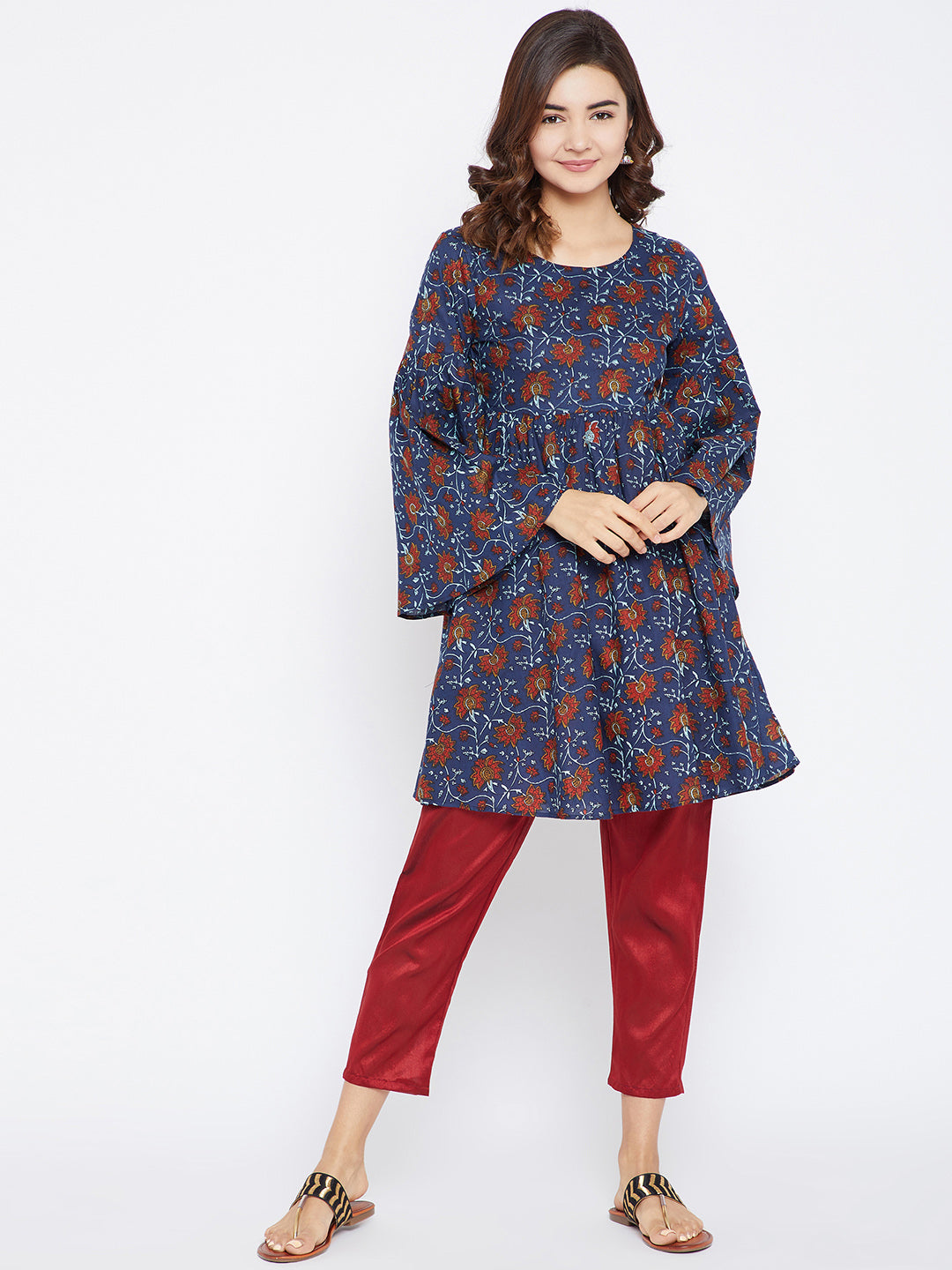 Women Navy Blue and Maroon Printed Kurtis