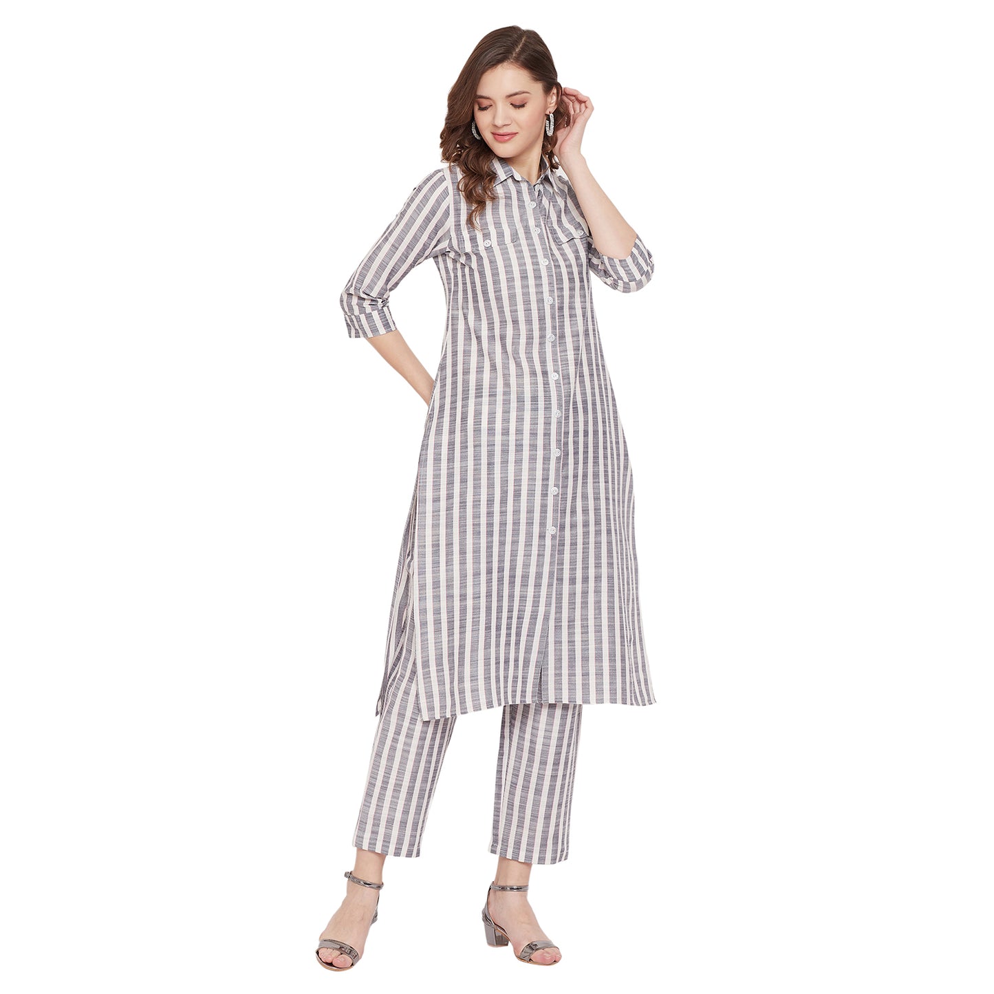 Formal white and grey stripe kurta set