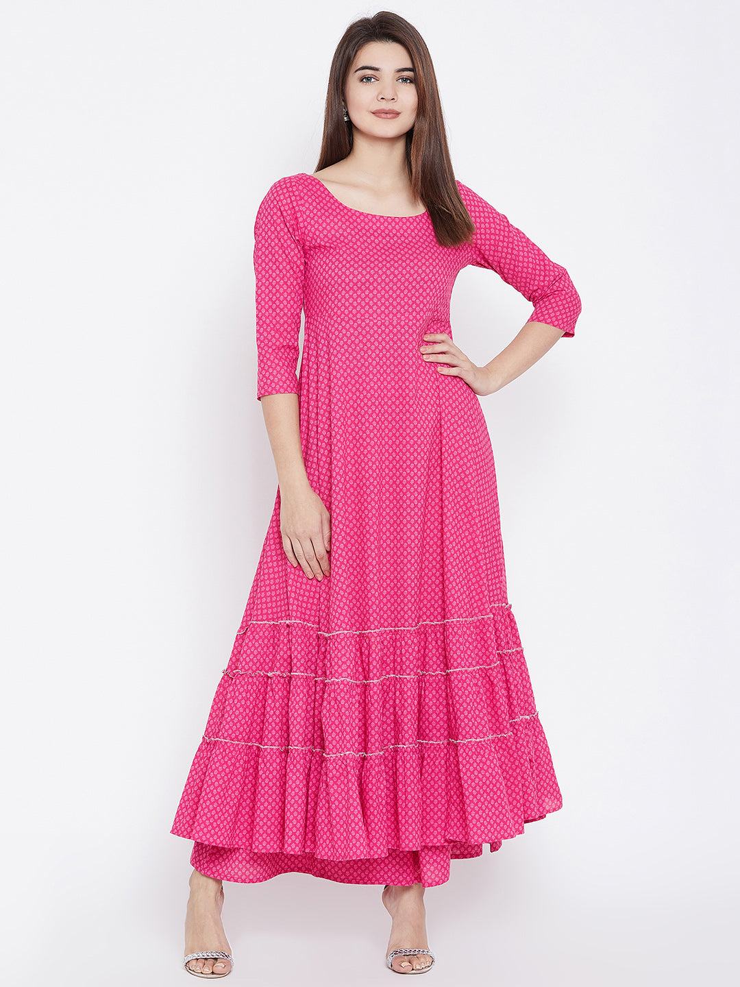 PANIT Women Pink Ethnic Motifs Printed Tiered Anarkali Kurta