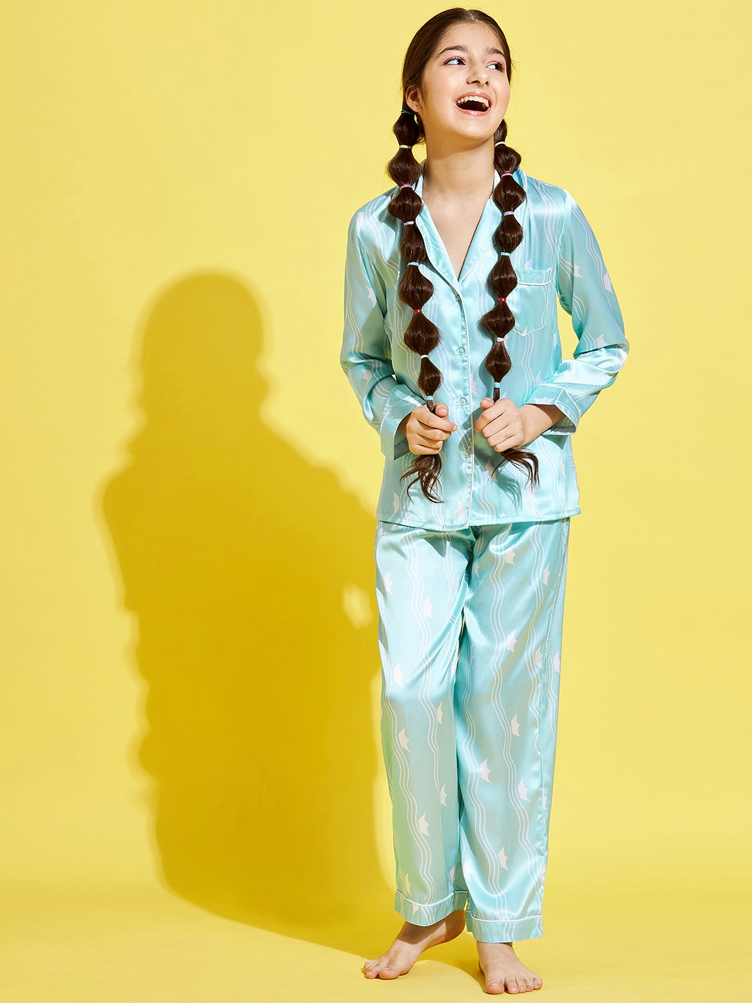 Cherry Jerry Girls Turquoise Blue White Printed Night suit