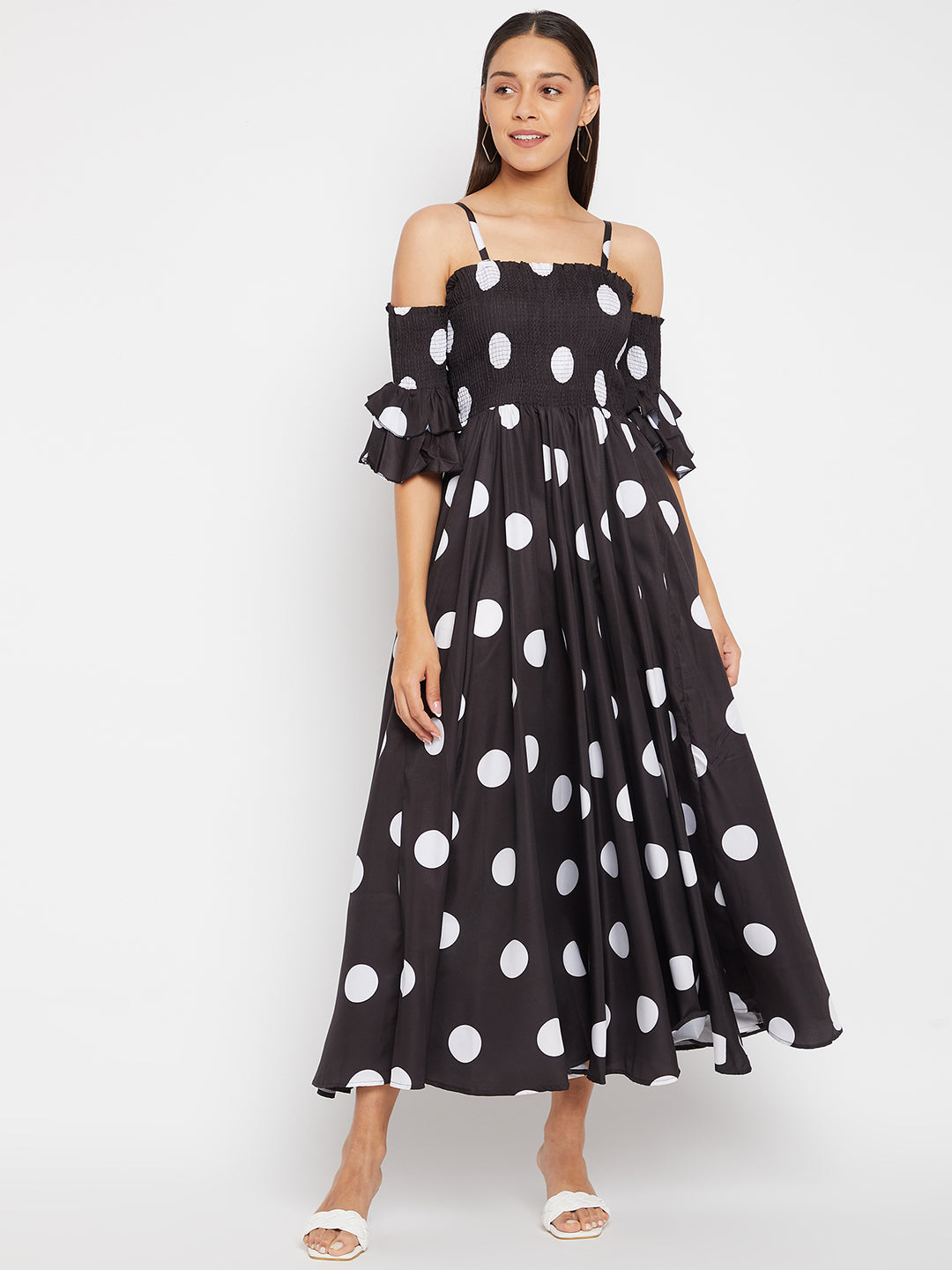 Women Black Base and White Polka Dot Printed Maxi Dress