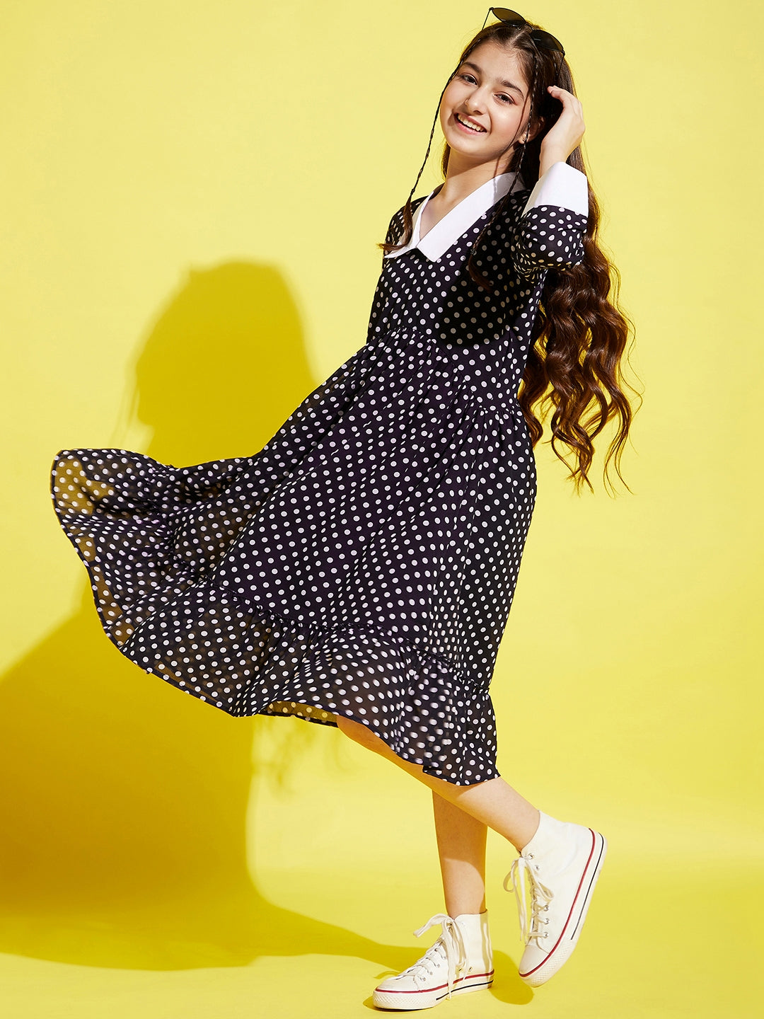 Girls Black & White A-Line Midi Dress