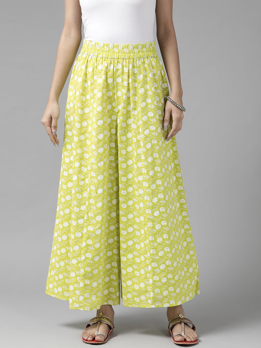Women Lime Green & White Ethnic Motifs Printed Cotton Palazzos