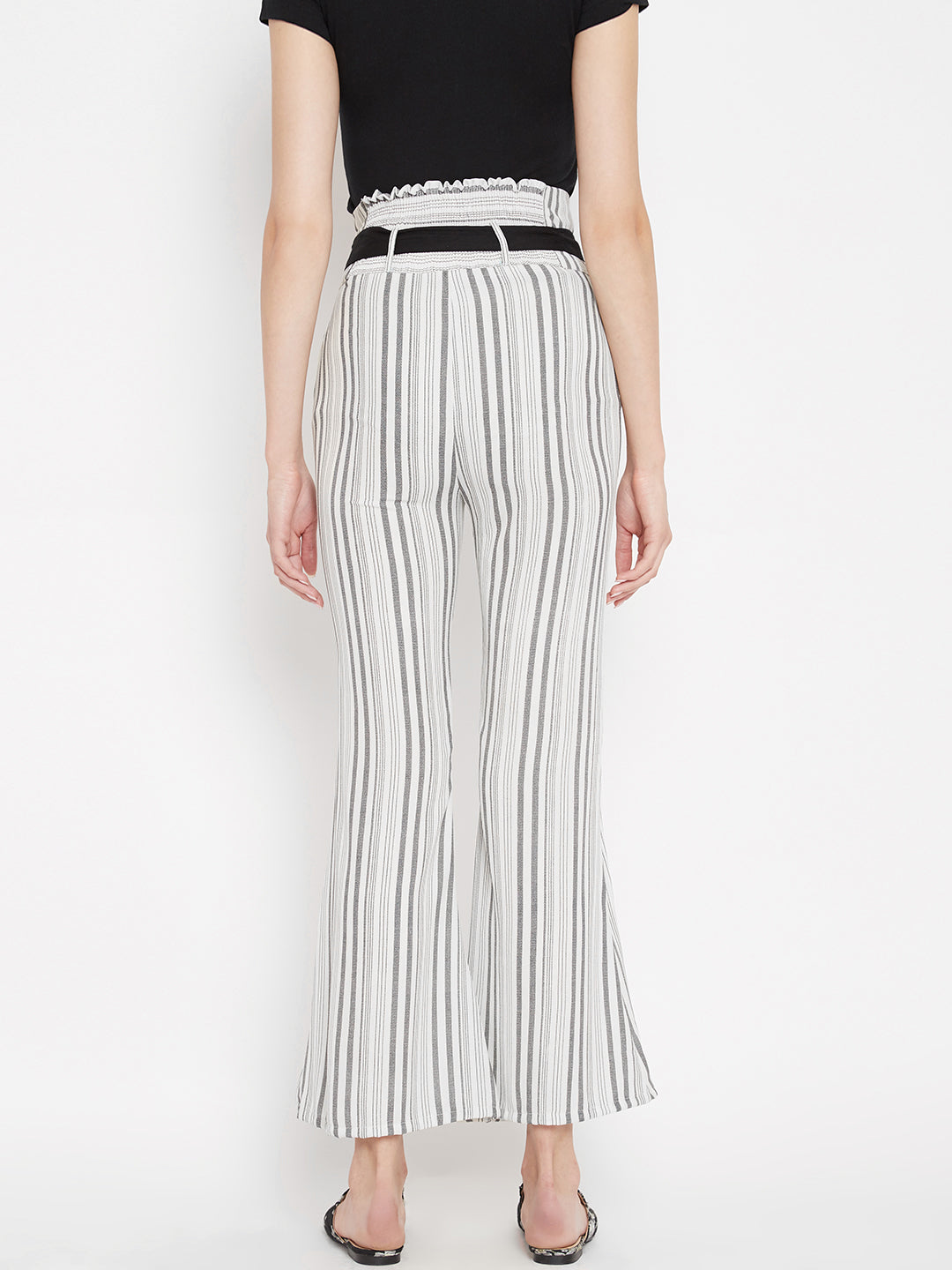 Women's ivory and grey stripes high waist bootcut trouser