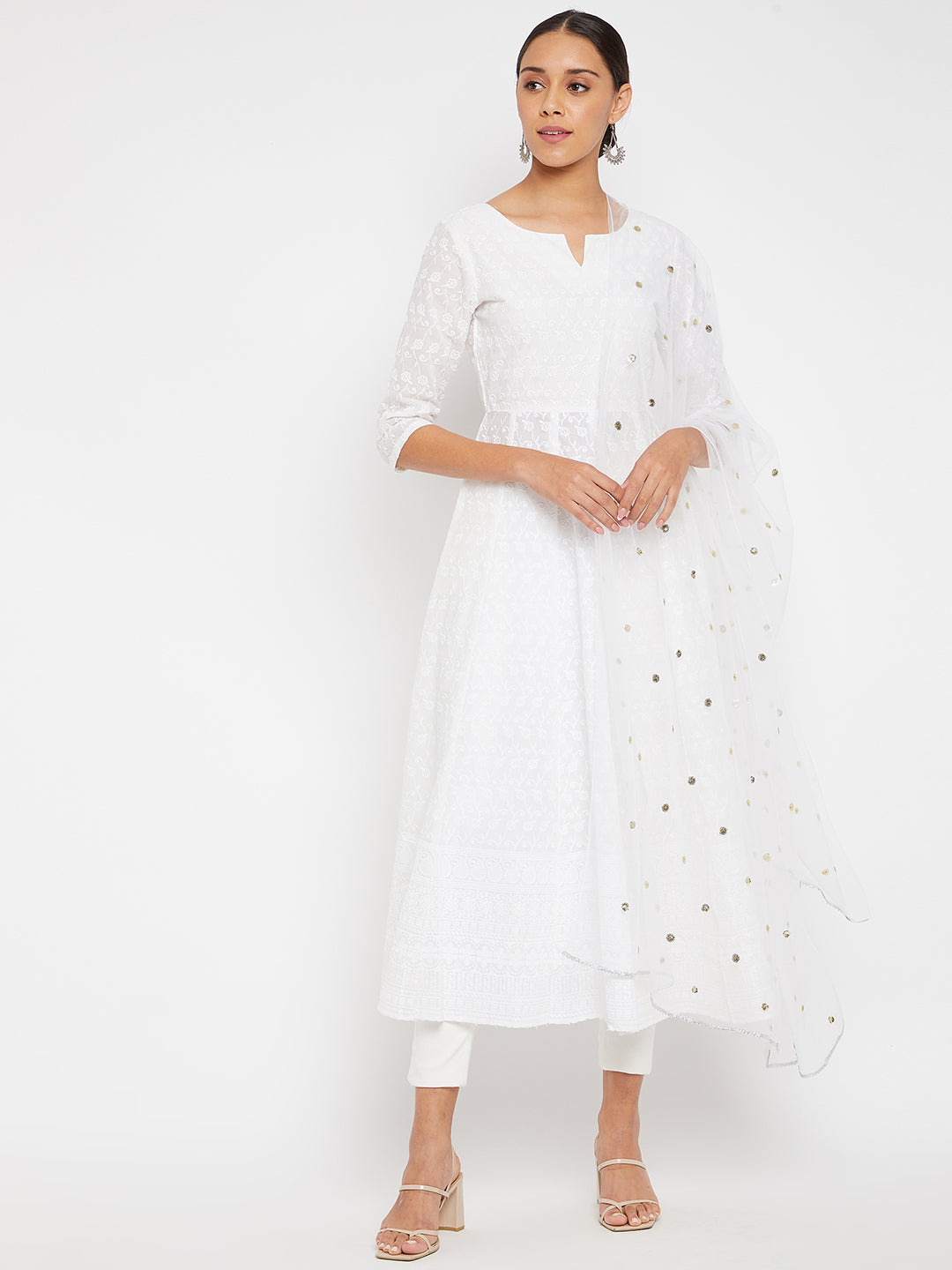 Women White A-Line Kurta with Trouser and Dupatta