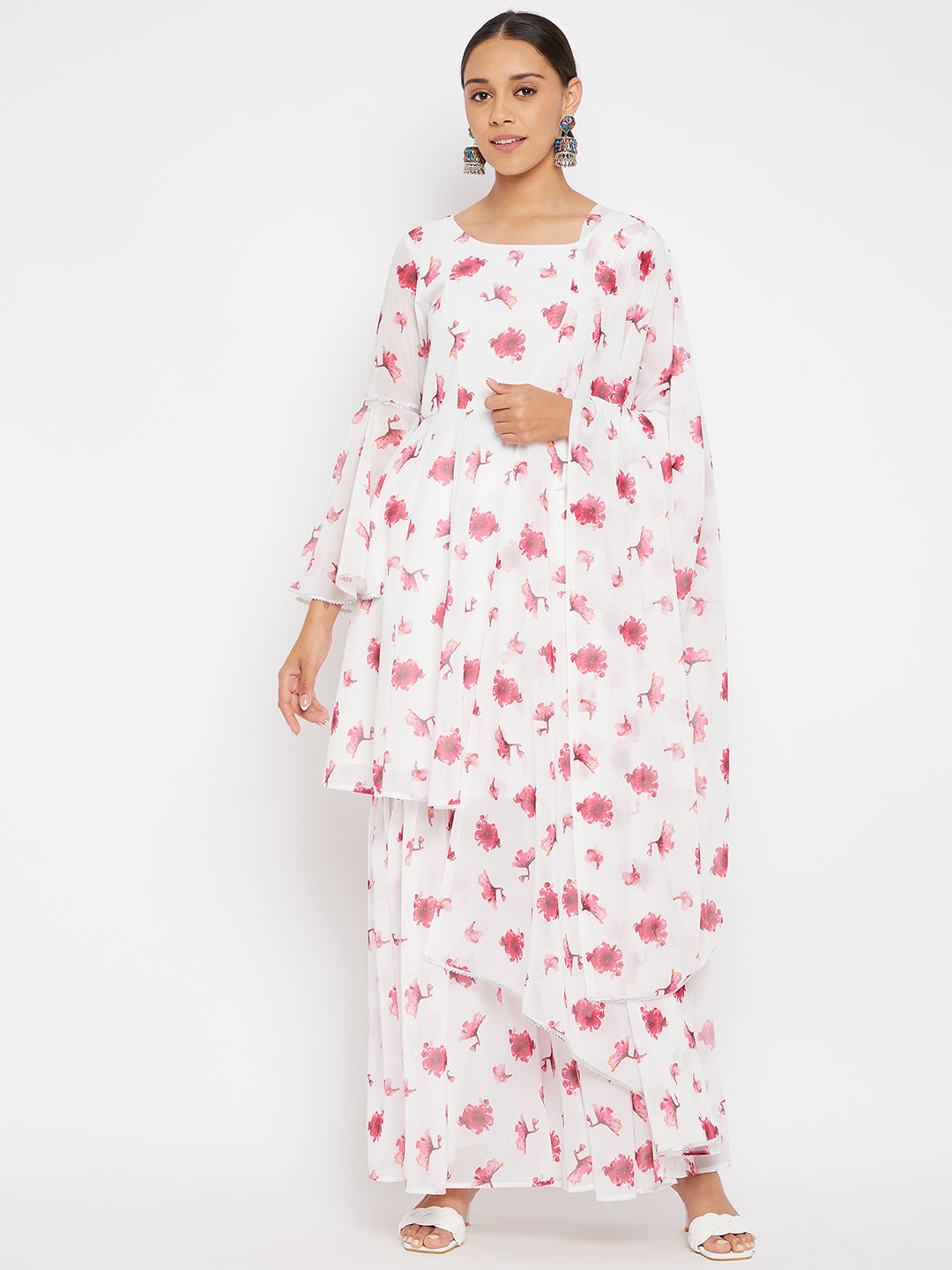 Women White Pink Red Floral Print Sharara Set With Dupatta