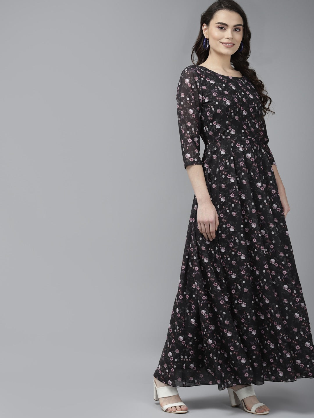 PANIT Black Pink Floral Print Georgette Maxi Dress