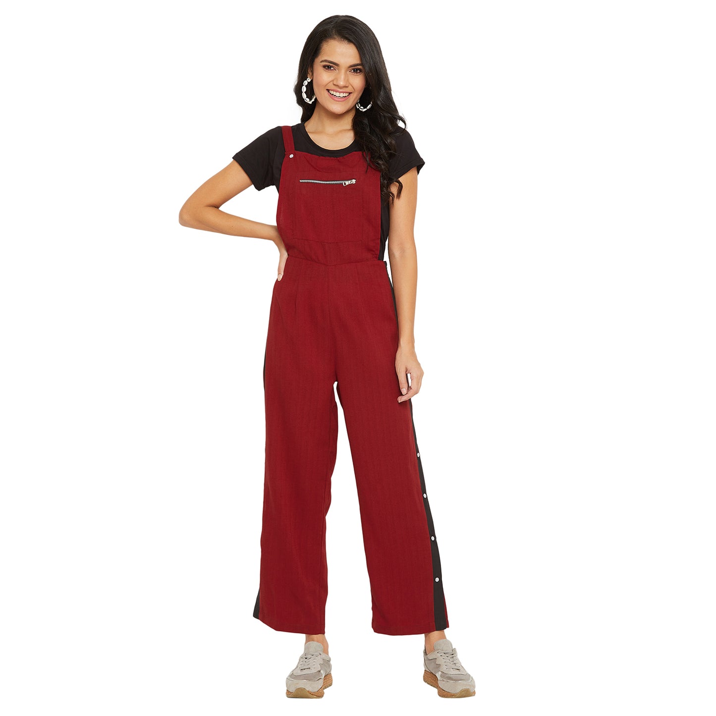 Maroon solid dungarees with side stripes detail