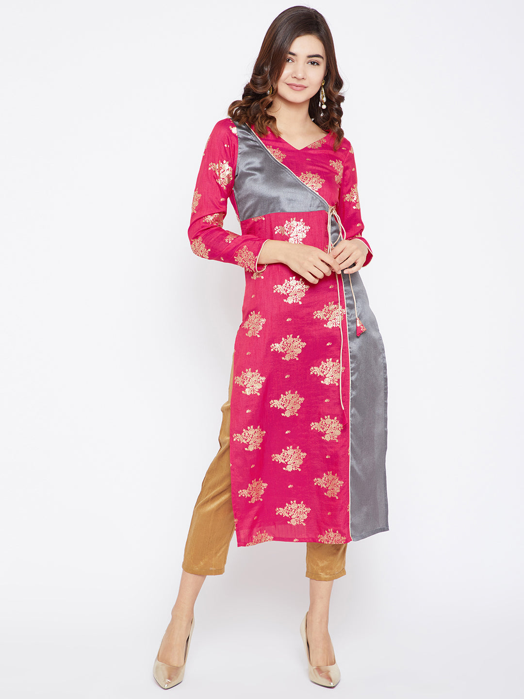 Women's Magenta And Grey Color On Gold Foile Printed Streight Angrakha Kurta