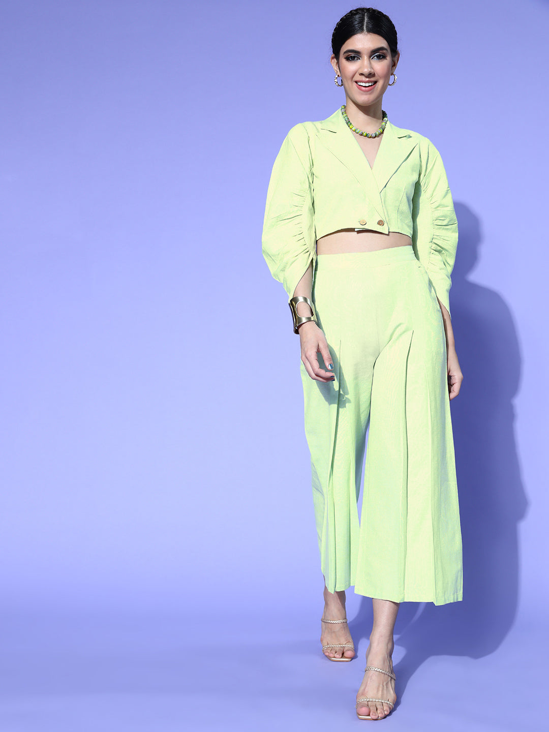 Women Alluring Lime Green Solid Top with Palazzos