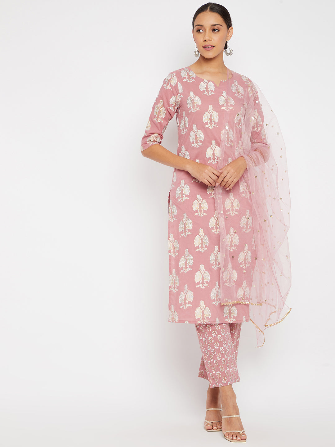 Women Pink Motif straight Kurta with Trouser and Dupatta