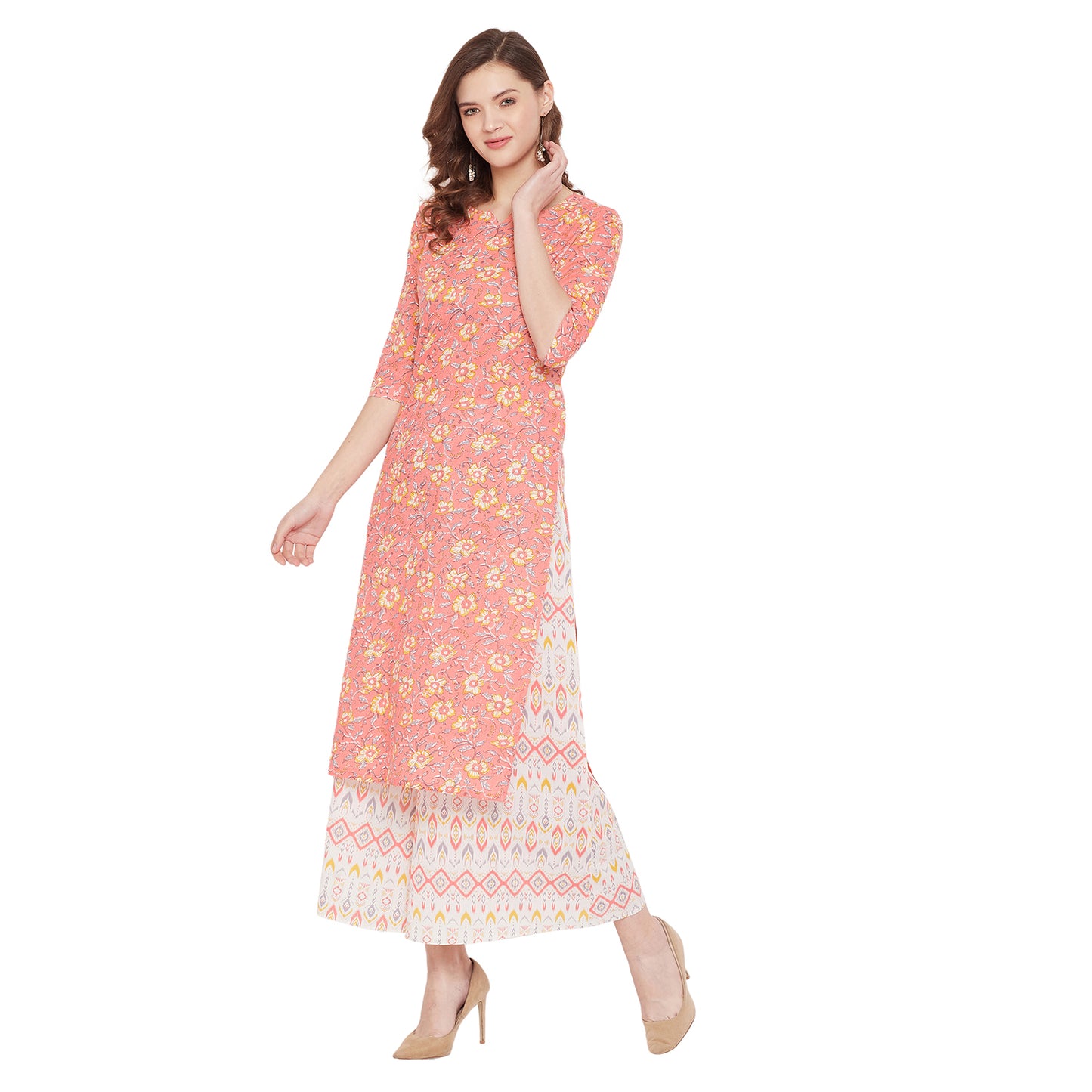 Printed peach kurta with white printed palazzo
