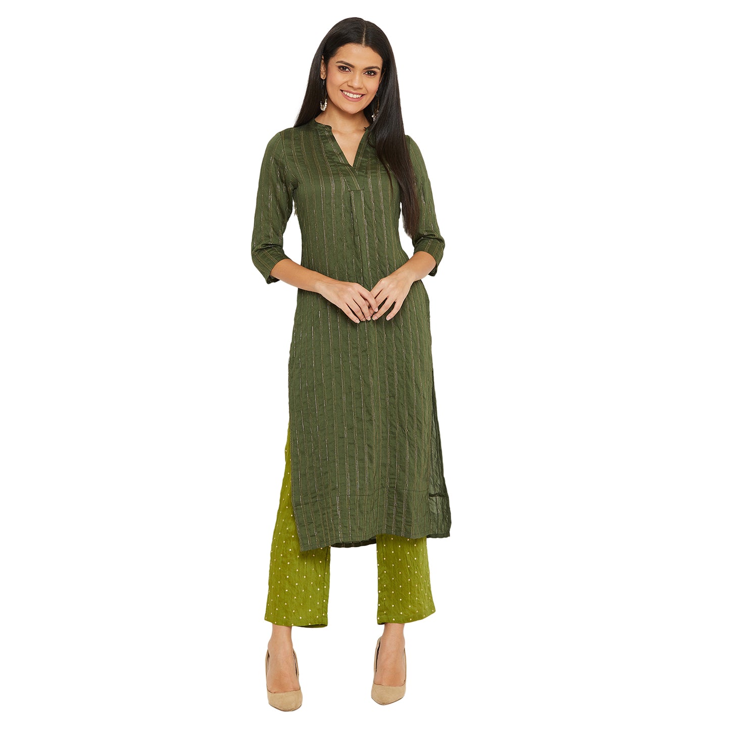 Lurex Dark Mehndi Colour Kurta With Green Trouser