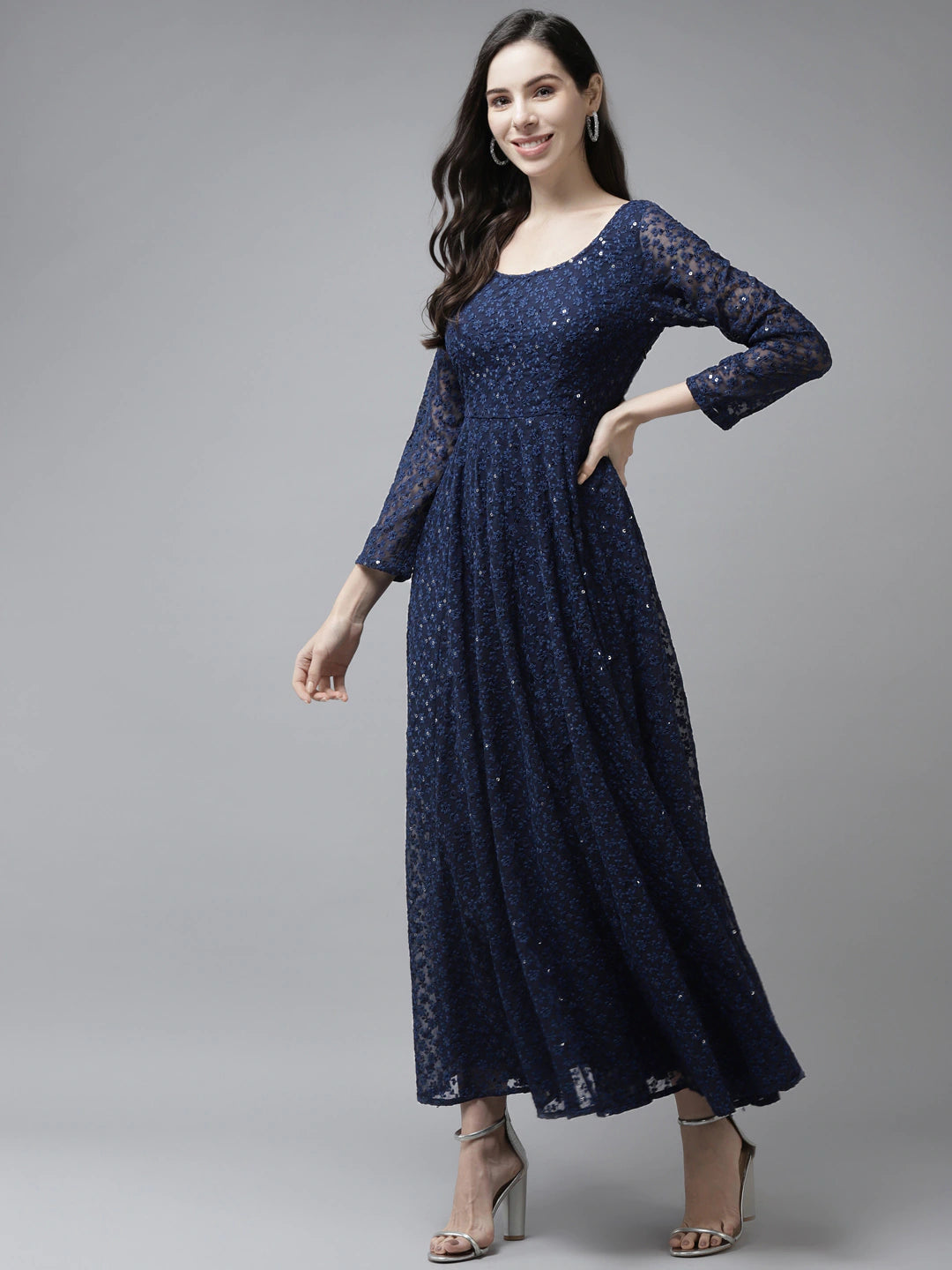 PANIT Women Navy Blue Ethnic Motifs Embroidered Ethnic Maxi Dress