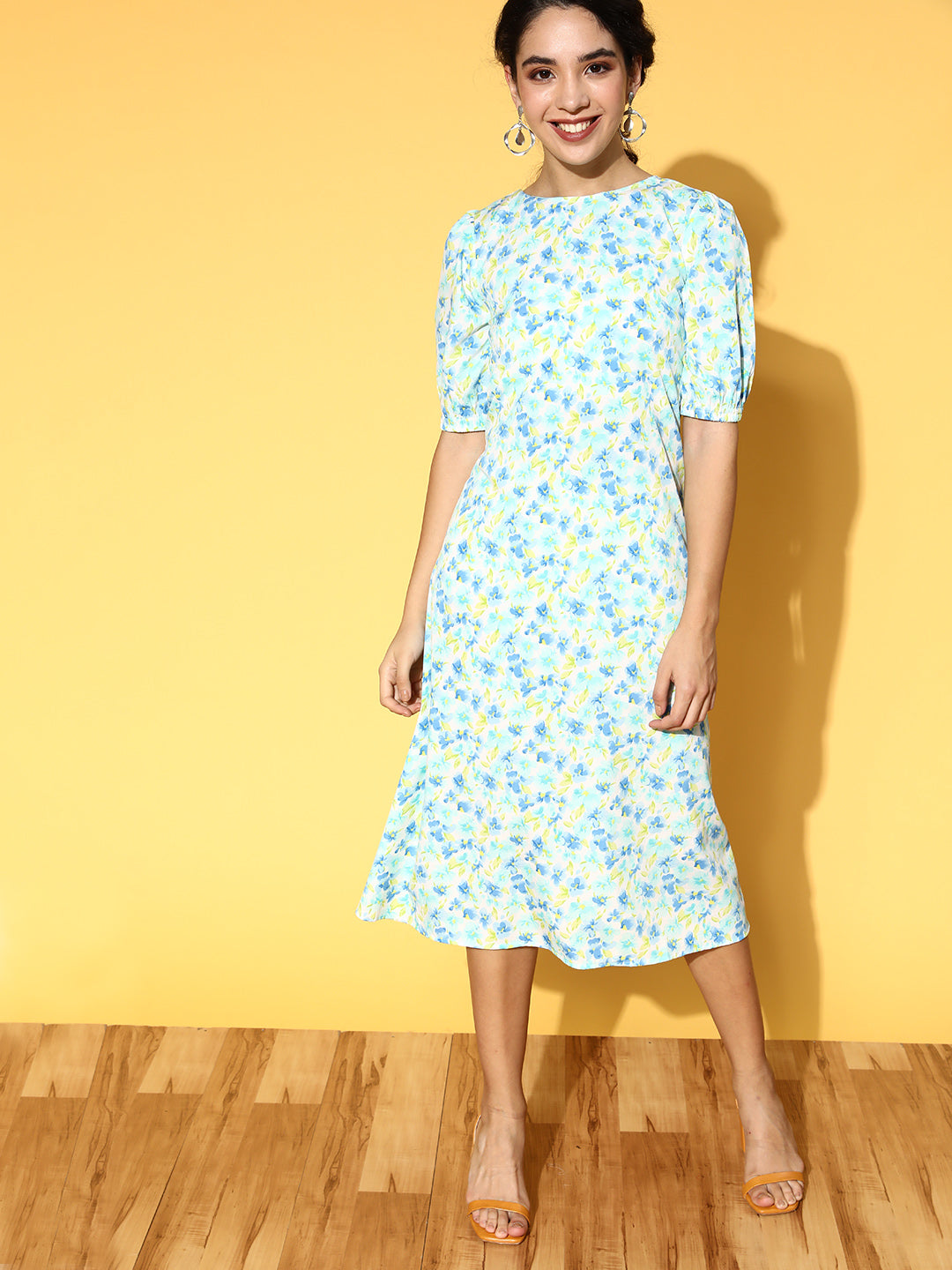 PANIT White Blue Floral Printed Styled Back A-Line Midi Dress