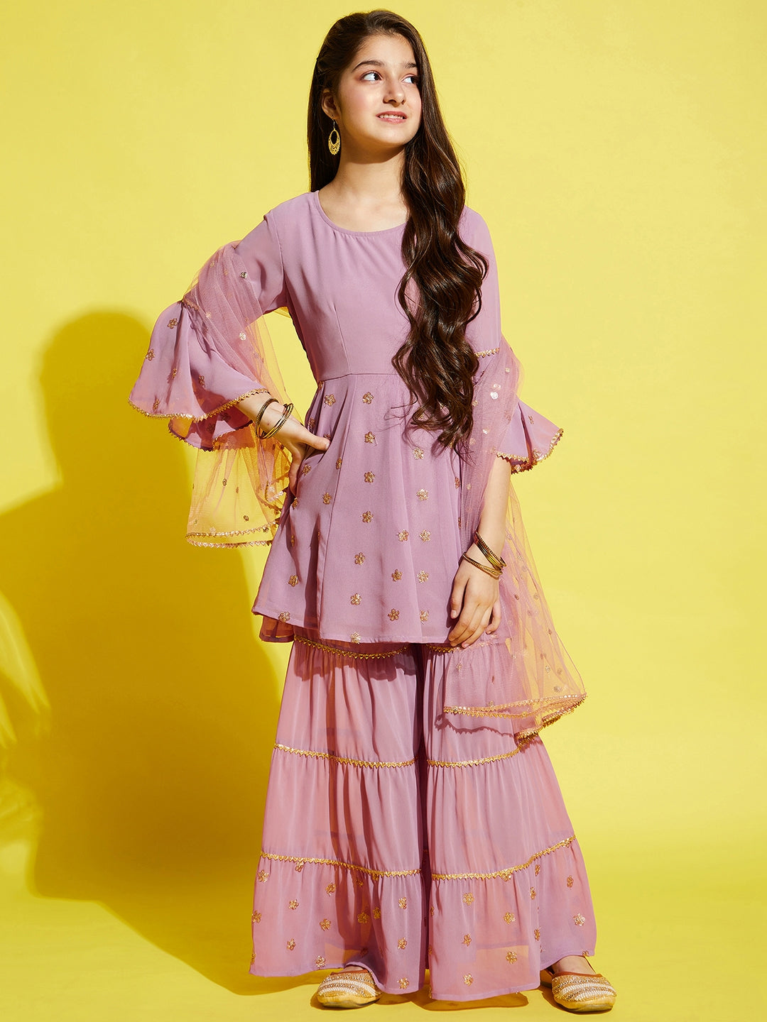 Girls Pink Ethnic Motifs Embroidered Empire Kurta with Sharara & Dupatta