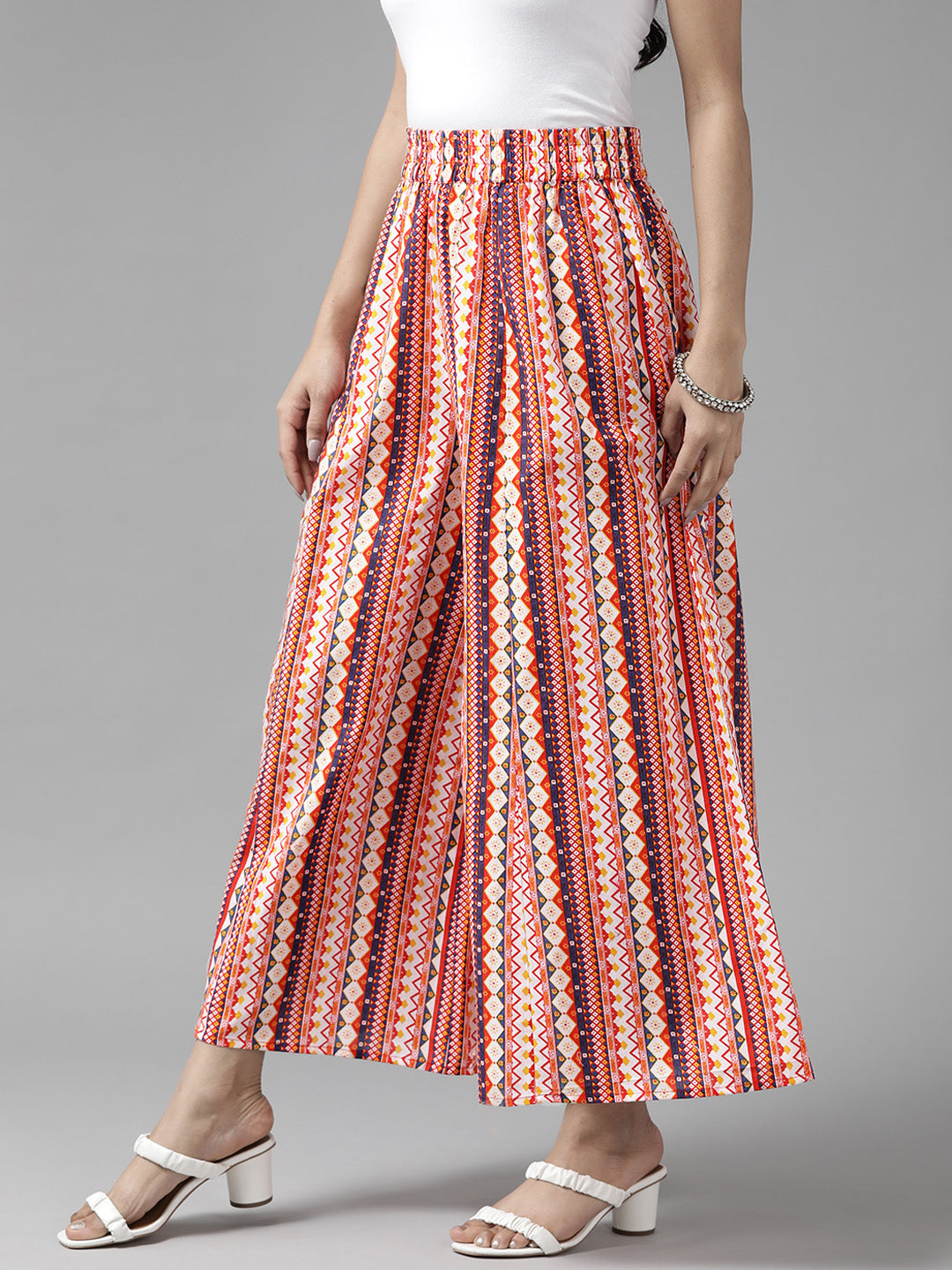 Women Off White & Orange Printed Cotton Palazzos