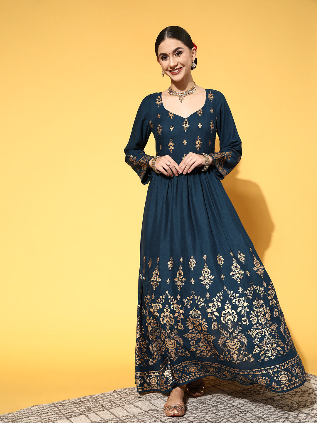 Women Tranquil Teal Ethnic Motifs Swirling Volume Dress