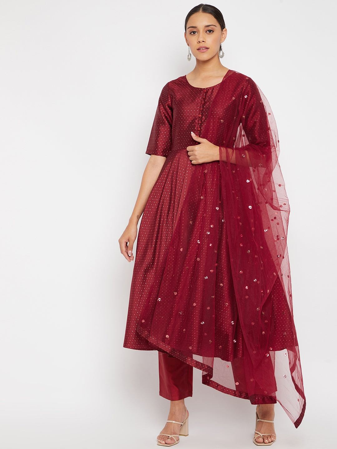 Women Maroon Pleated Golden Thread Work Kurta Set With Trouser And Dupatta
