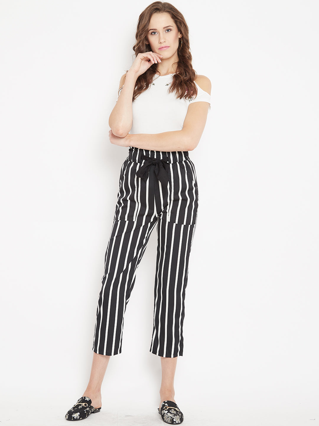 Women's black and white stripes high waist trouser
