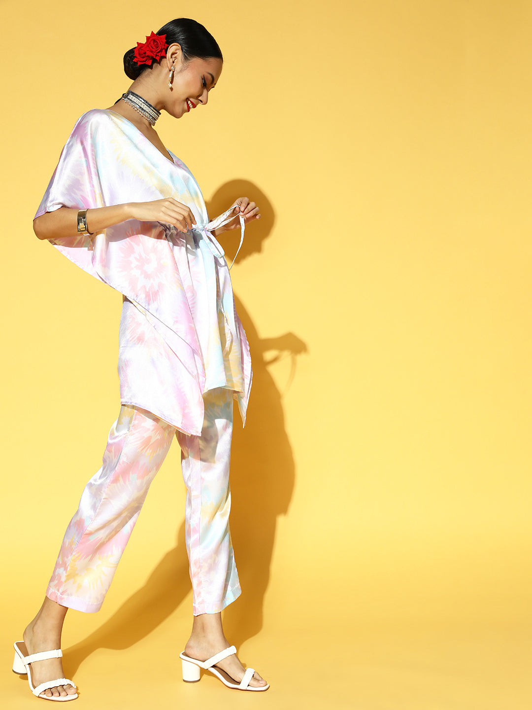 Women White & Pink Leheriya Printed Kaftan Kurta with Trousers