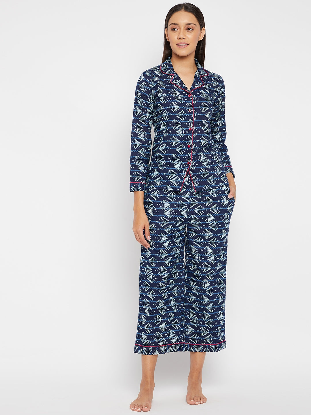 Women Navy Blue & White Printed Night suit