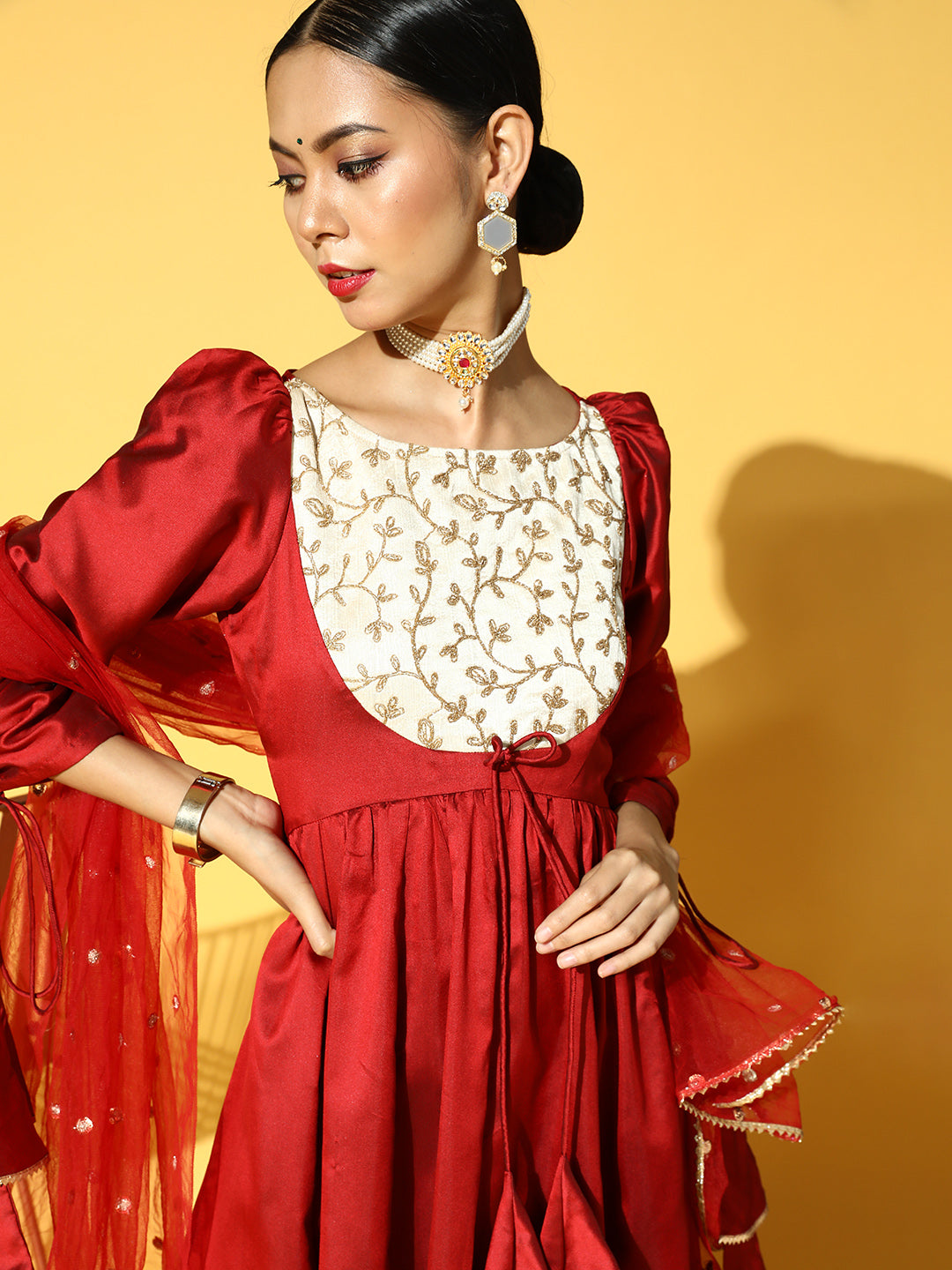 Women Maroon Yoke Design Dupion Silk Anarkali Kurta with Trousers & Dupatta