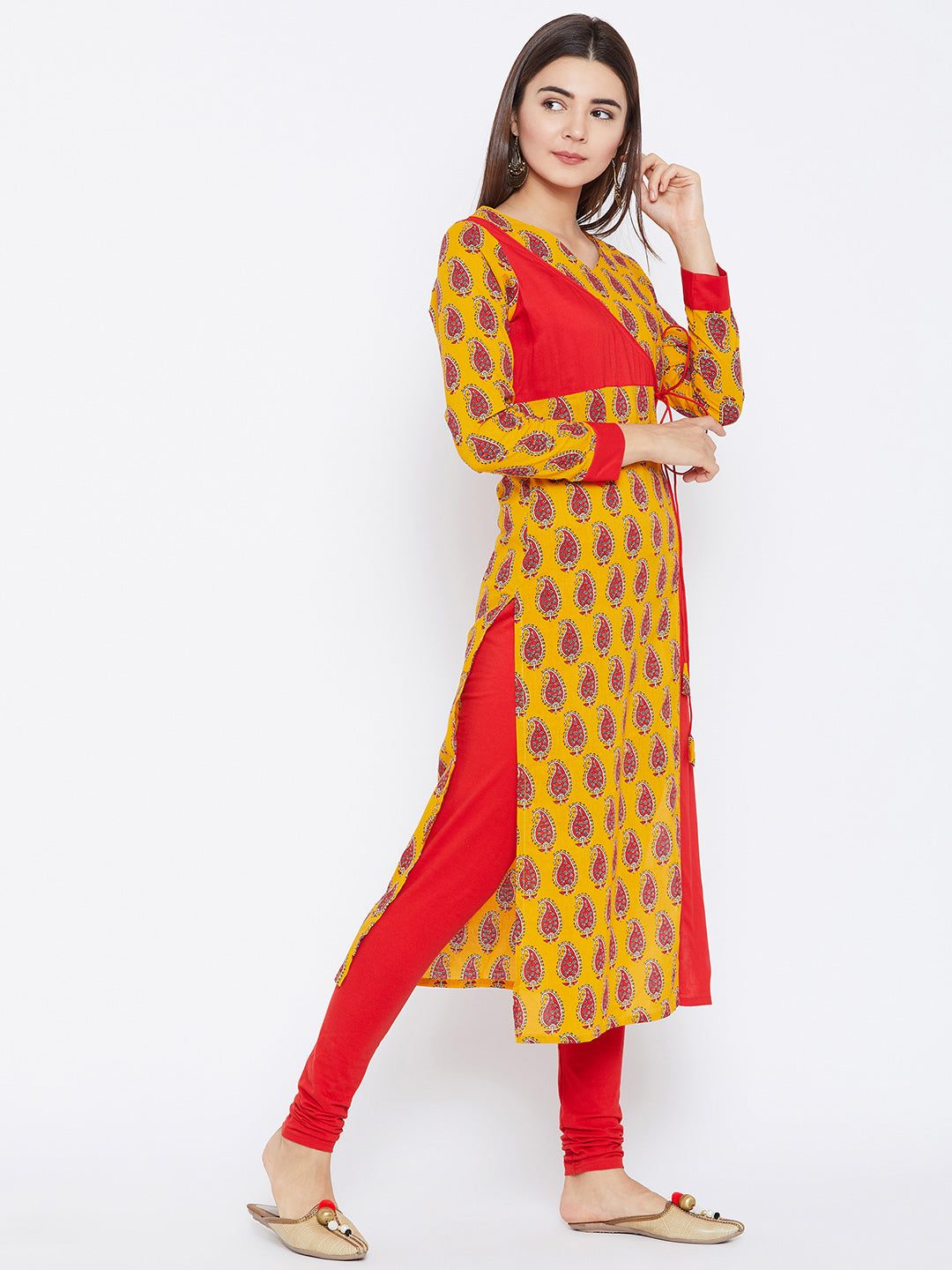 Women's Yellow And Red Color Paisely Printed Streight Fit Angrakha Kurta