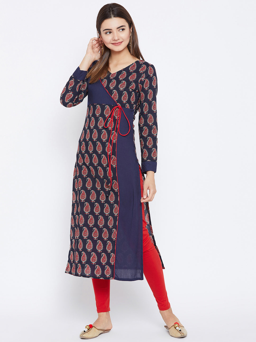 Women's Navy Blue And Red Color Paisely Printed Streight Fit Angrakha Kurta