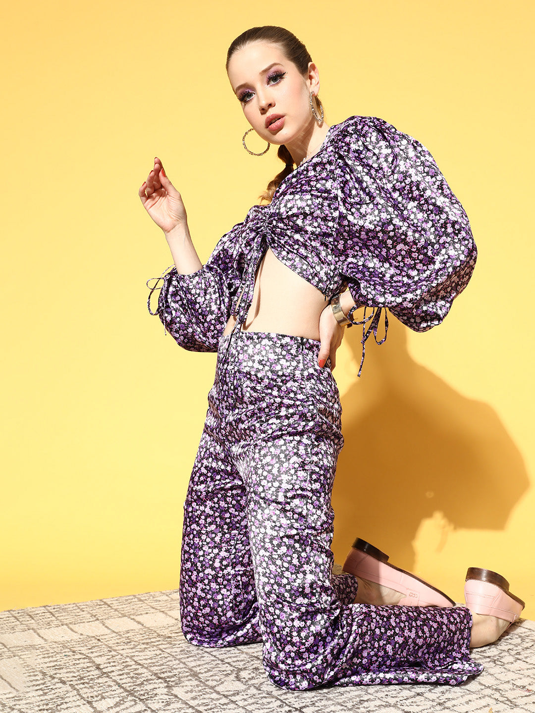 Women Pretty Purple Printed Top with Palazzos