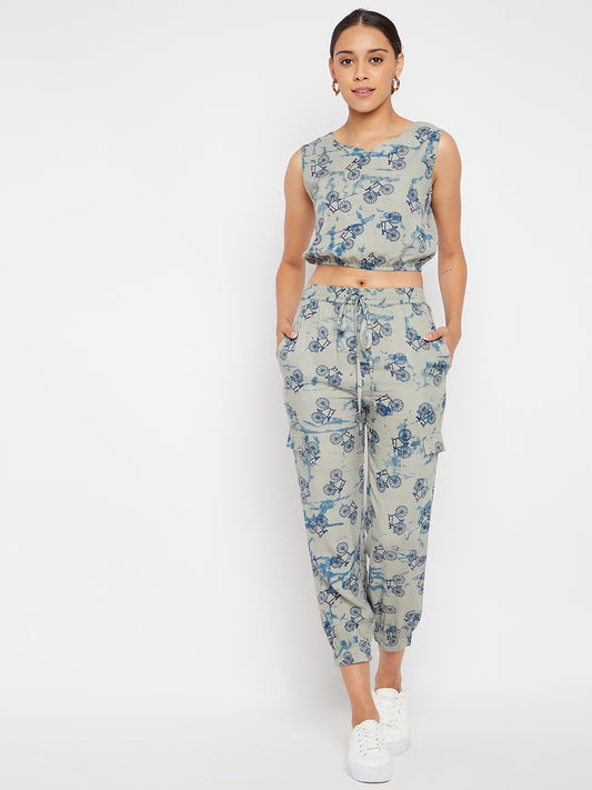 PANIT Grey and Blue Cycle Printed Two-Piece Jumpsuit