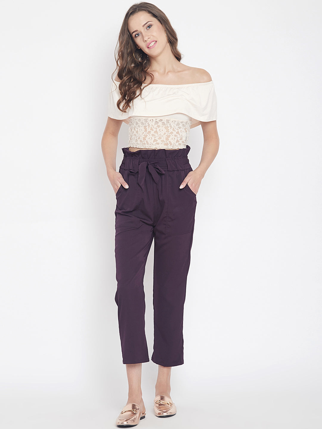 Women's solid plum pleated high waist trouser