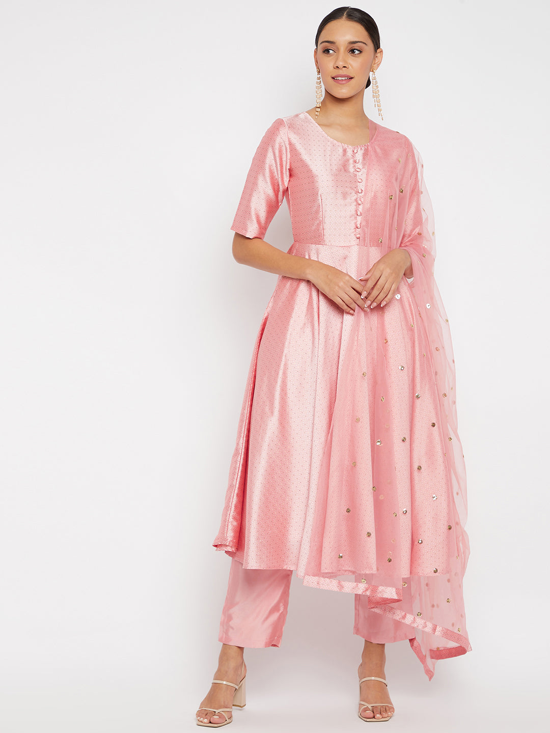 Women Rose Gold Pleated Golden Thread Work Kurta Set With Trouser And Dupatta