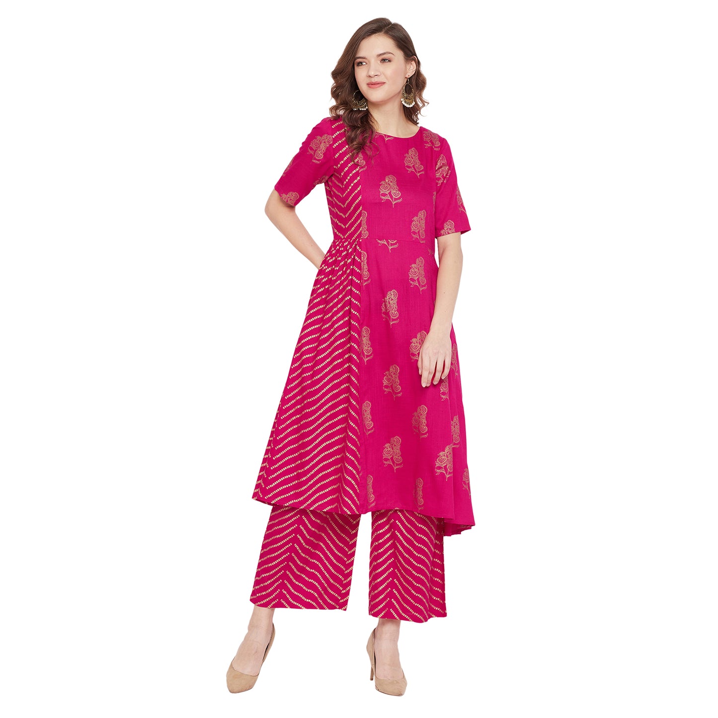 Fuchsia foil printed kurta set