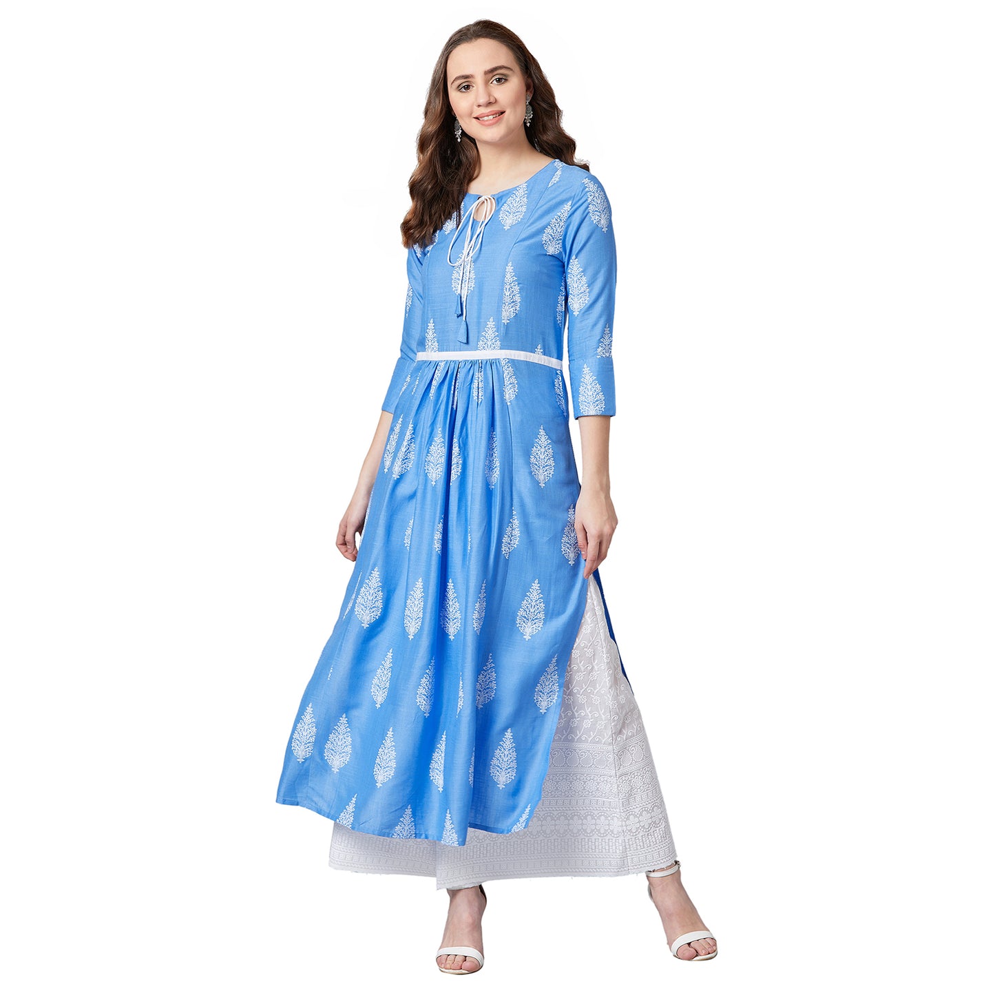 Women Blue & White Floral Print Anarkali Kurta
