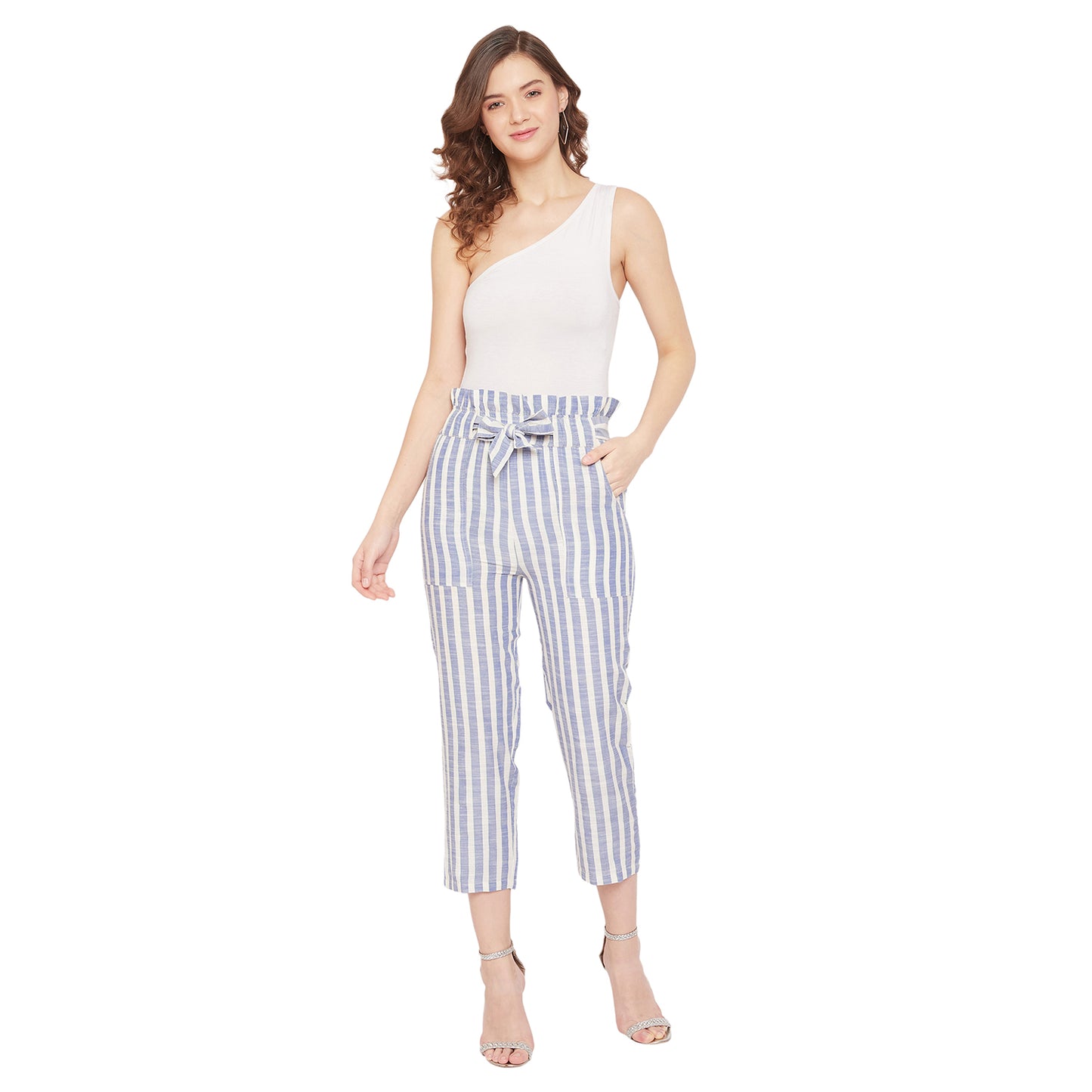 Women White and Blue Stripe Cigarette Trouser