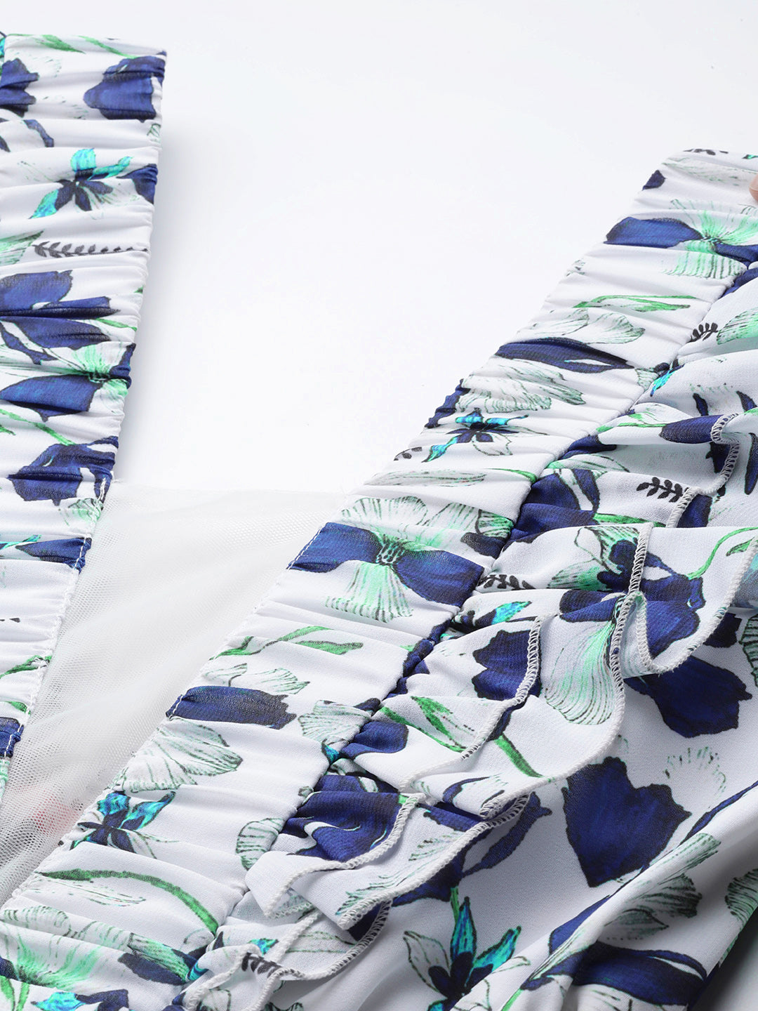 PANIT White Navy Blue Floral Printed Ruffled Layered A-Line Midi Dress