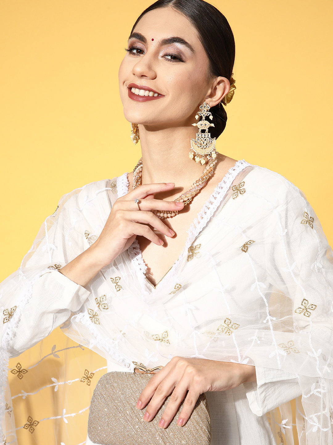 Women Classic White Ethnic Motifs Swirling Volume Dress