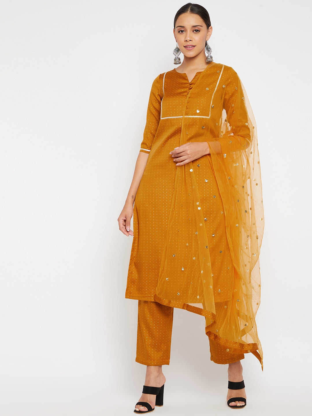Women Mustard Blue Sequin Straight Kurta Set with Dupatta