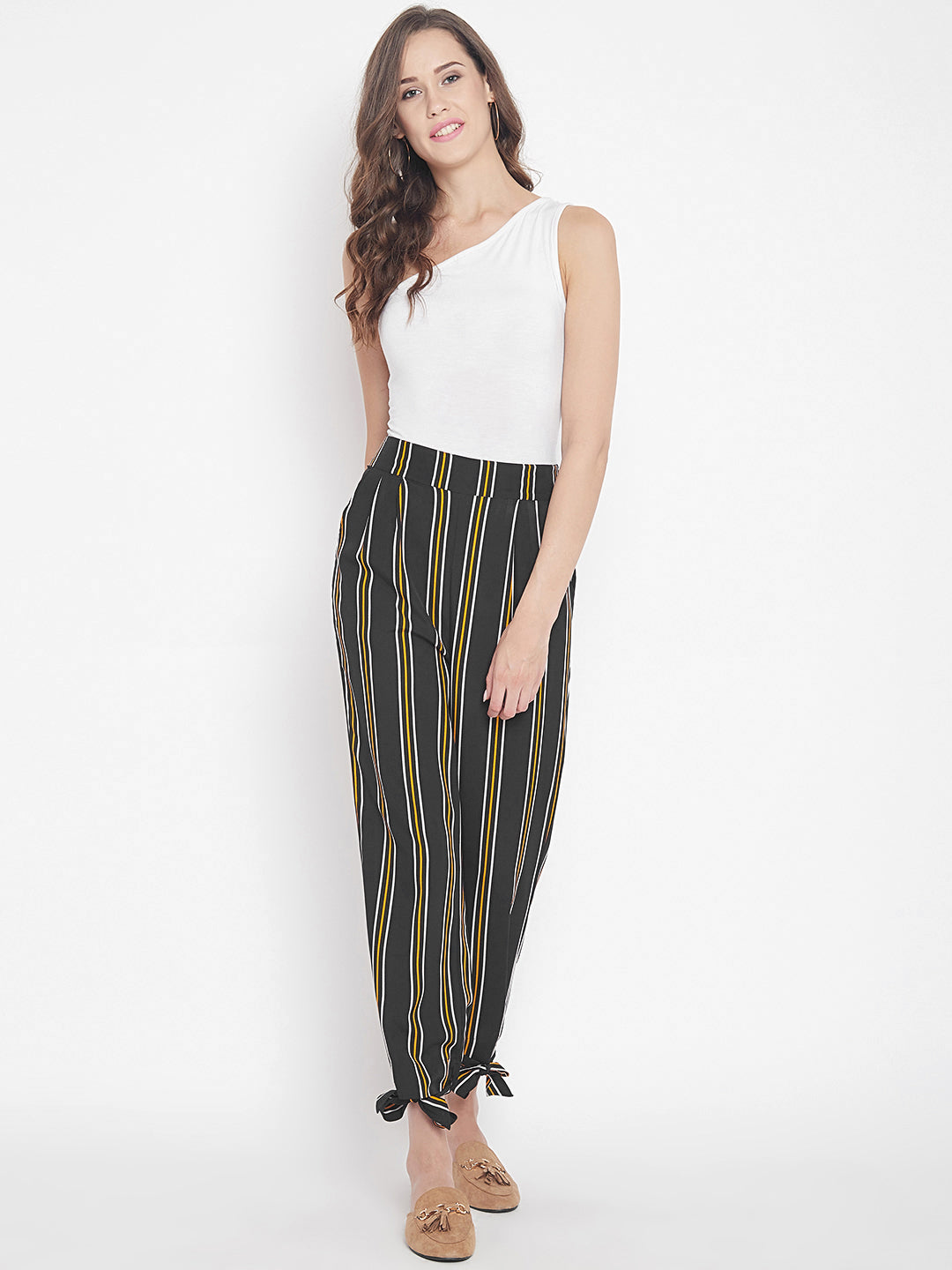 Women's navy blue multicolour stripes elasticed waist trouser