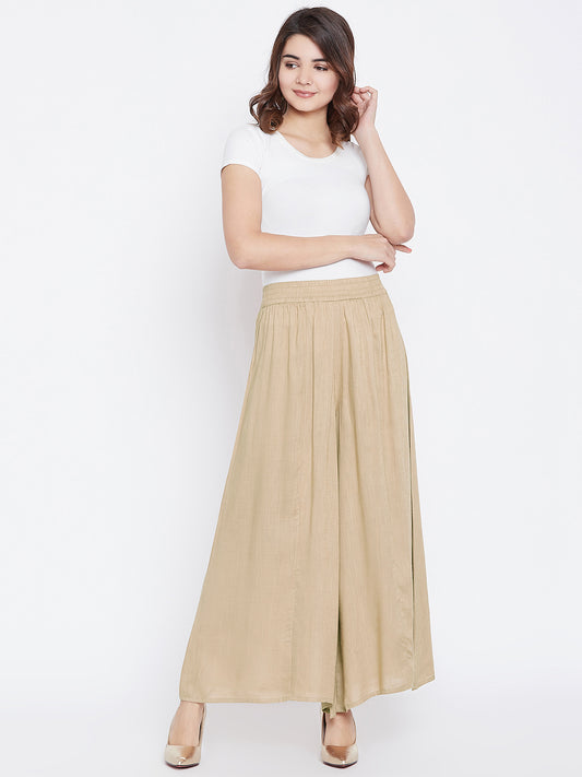 Women Beige Relaxed Flared Solid Parallel Palazzo