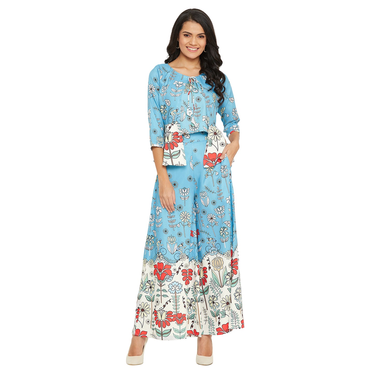 Women Ice Blue Printed Top With Inner and Palazzos