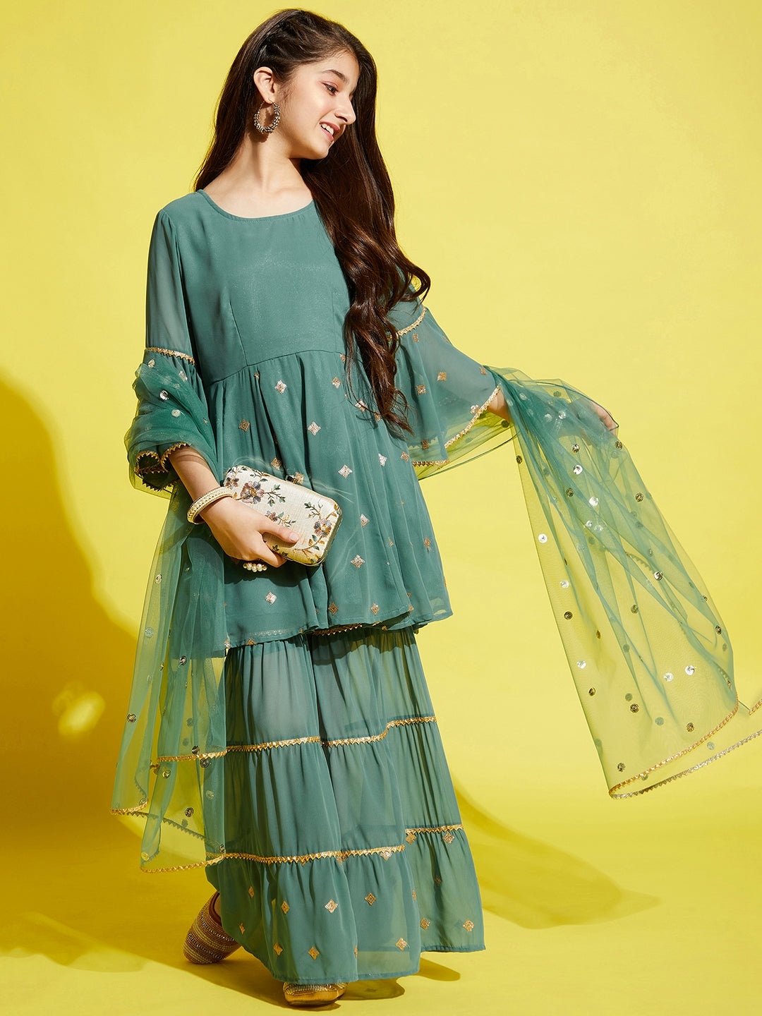 Girls Green Ethnic Motifs Embroidered Empire Kurta with Sharara & Dupatta