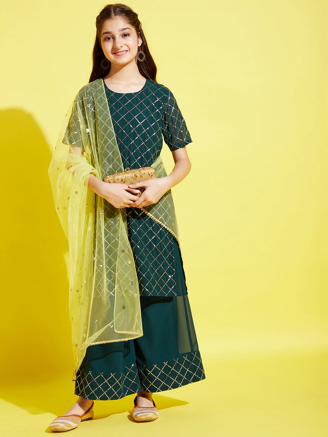 Girls Green Embroidered Straight Kurta with Palazzo & With Dupatta