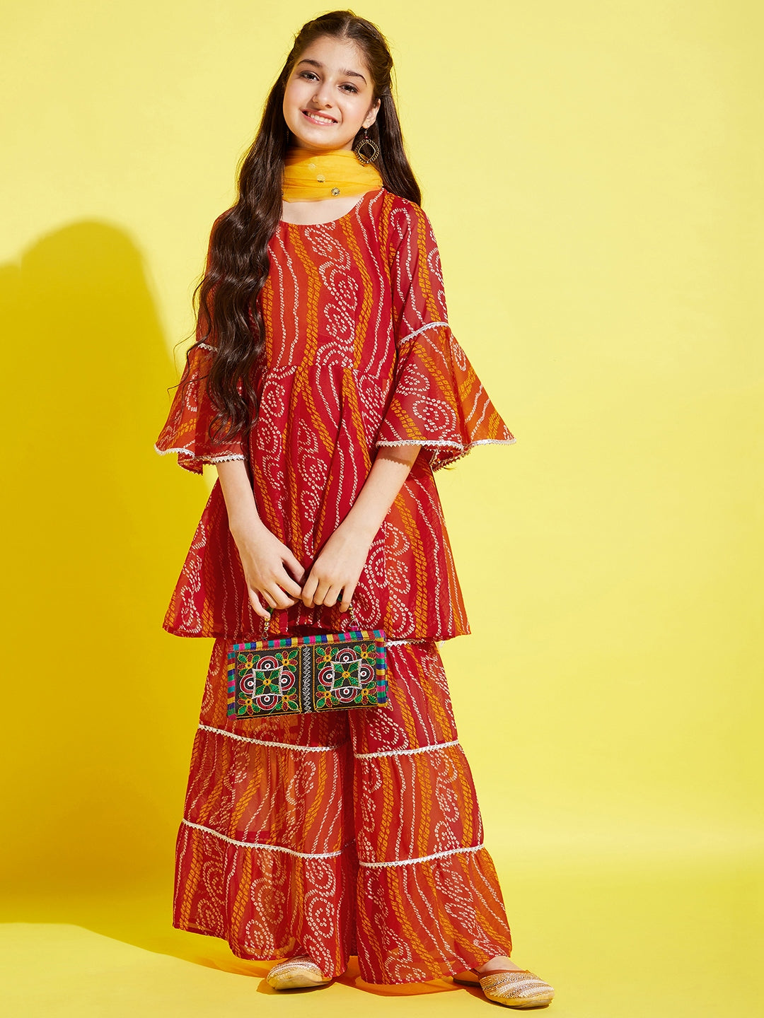 Girls Orange Bandhani Printed Empire Kurta with Sharara & Dupatta